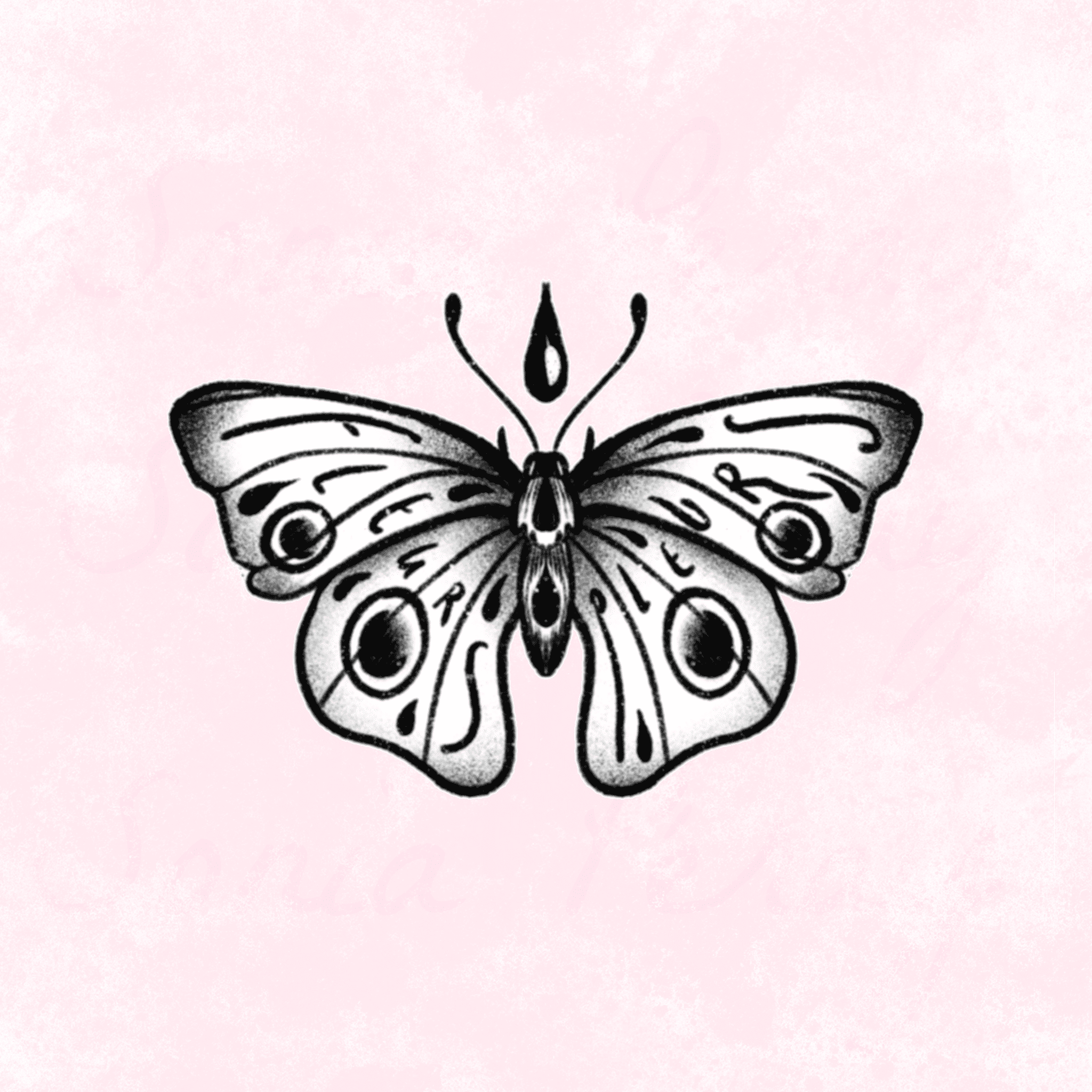 flash tattoo papillon avec inscrit dans ses ailes fleurs pleurs 